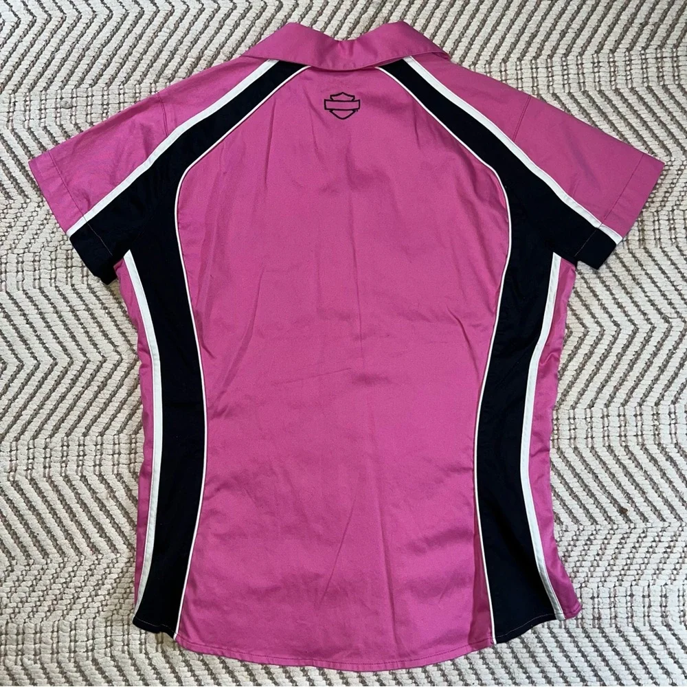 Harley-Davidson Women’s Pink Black Zip Front Mechanic Garage Shirt Size Medium - Picture 9 of 11